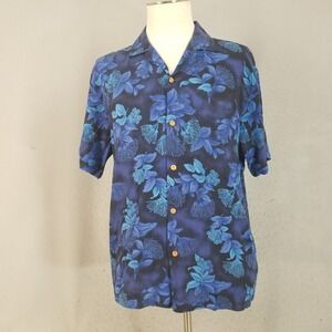 Paradise Found Shirt‎ Mens Medium Blue Floral Hawaiian Rayon Button Up Aloha